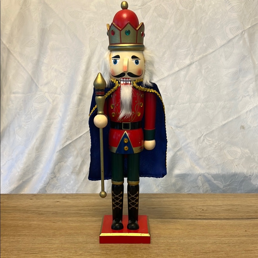 Christmas Nutcracker King wooden with Blue Cape Staff Jewels decor 14.5"